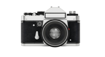 A close-up shot of a classic analog camera, showcasing its intricate details, isolated on transparent background