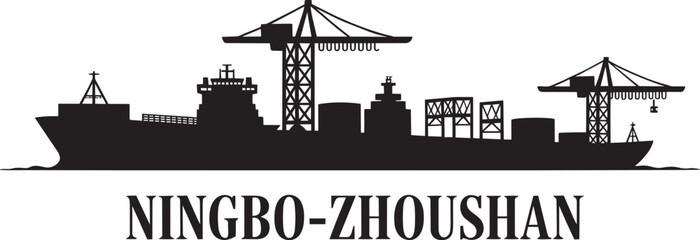 Obraz premium Ningbo zhoushan port skyline silhouette vector with cargo ships and industrial crane equipment