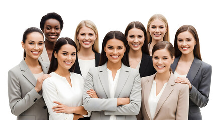 Fototapeta premium A diverse group of professional women posing confidently in formal attire, isolated on transparent background