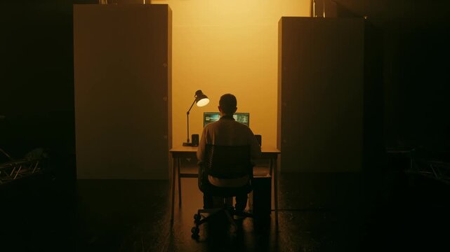 Silhouette of a person sitting at a desk with a computer and lamp in a dark room with warm lighting.