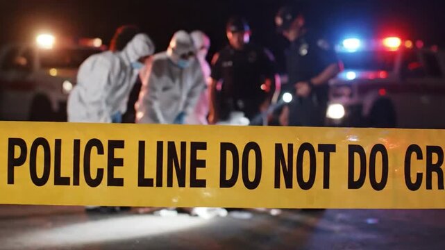 Crime Scene Investigation: A forensic team meticulously examines a crime scene marked by a police line, with flashing lights illuminating the grim reality of the event.