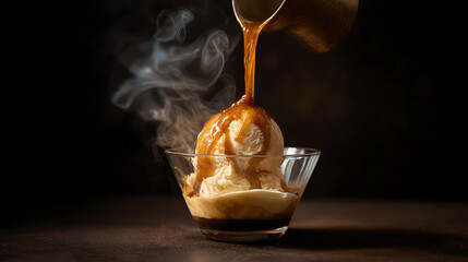 Delicious ice cream topped with hot caramel sauce, creating a perfect dessert experience.