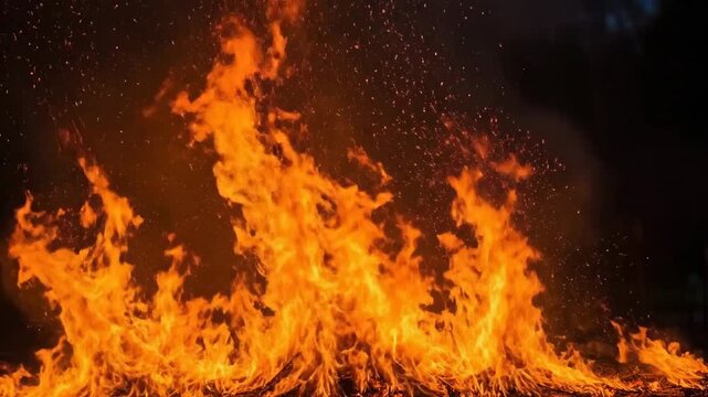 Fiery Inferno Blaze with Dancing Flames against a Dark Background and Sparks Rising Upward