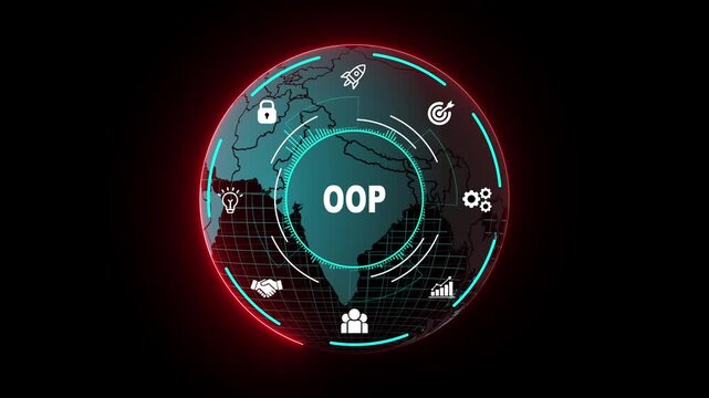 Futuristic Object-Oriented Programming HUD Interface with Interactive World Map, Digital Code Icons, Software Architecture Visualization and Advanced Technology Dashboard Design