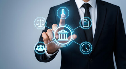 businessman interacting with digital legal interface showing law scales court house building microphone and clock icons representing online judicial services and corporate compliance