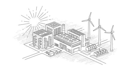 Obraz premium A detailed hand-drawn illustration visualizes a modern sustainable industrial complex, powered by clean renewable energy from solar panels and wind turbines.