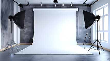 A professional studio blank canvas ready for creative photoshoots with modern lighting