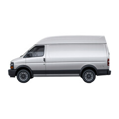 A contemporary silver high-roof commercial cargo delivery van displayed in a clean detailed side profile, isolated on transparent background