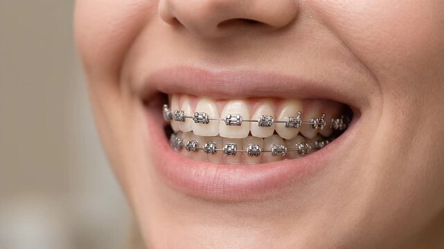 Close up of a person smiling with metal braces on their teeth.