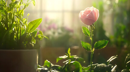 Pink rose in full bloom surrounded by lush greenery, illuminated by soft sunlight, creates serene and tranquil atmosphere