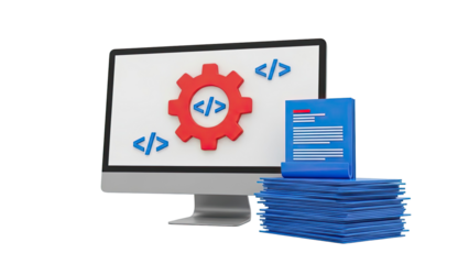 Computer Monitor with Coding Symbols and Stack of Documents