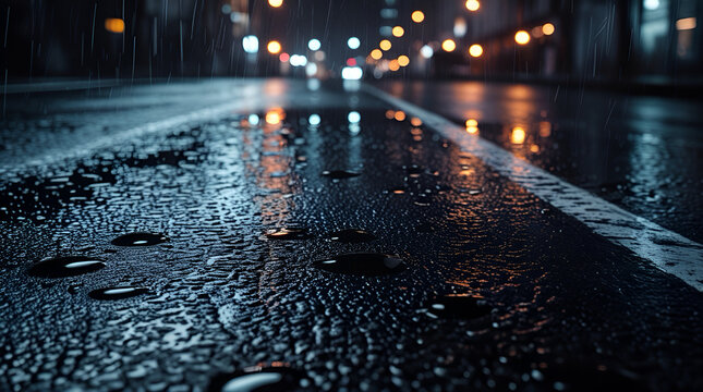 Wet black asphalt road texture with rain puddles, dark night street background