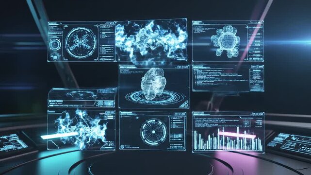 Futuristic digital interface with holographic displays