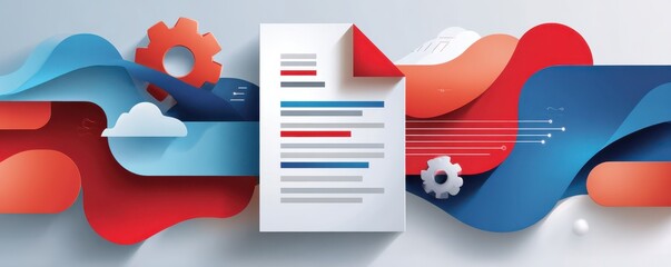 Abstract ai document with colorful waves and gears representing technology and innovation