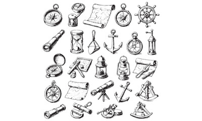 Fototapeta premium Vintage Nautical Maritime Navigation Tools Illustration Set
