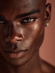 Obraz premium Attractive young Afro-American man studio portrait with short buzzed hair, neutral expression on white background, beauty photography lighting