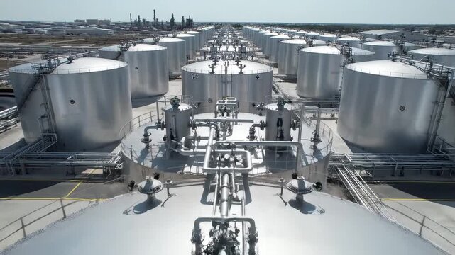Rows of large industrial storage tanks