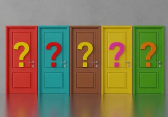 Five Colorful Adjacent Doors with Question Marks on Each