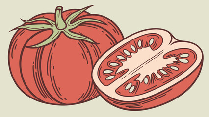 Stylized Tomato Illustration with Halved and Wedge Slice Showing Detailed Interior and Green Stem