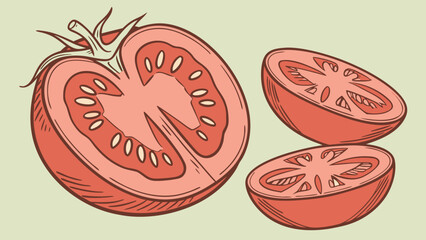 Stylized Tomato Illustration with Halved and Wedge Slice Showing Detailed Interior and Green Stem