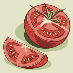 Stylized Tomato Illustration with Halved and Wedge Slice Showing Detailed Interior and Green Stem