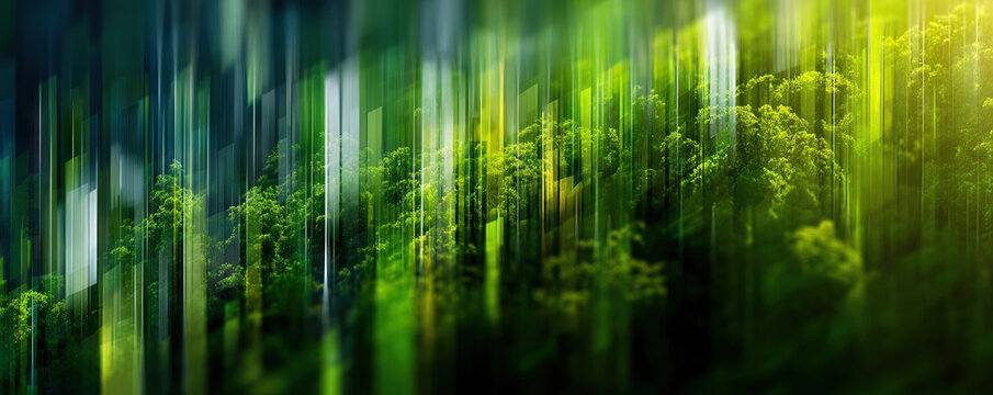Eco digital background with lush green forest and vertical light streaks