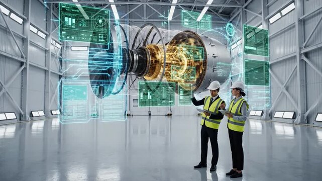 Precision and Progress: Two engineers, clad in safety vests and hard hats, meticulously examine a complex piece of industrial machinery, augmented with holographic data projections.