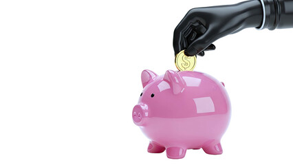 Black gloved hand inserting dollar coin into pink piggy bank