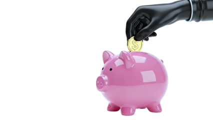 Black gloved hand inserting dollar coin into pink piggy bank