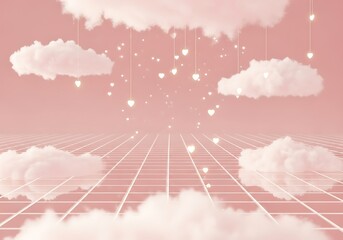 Romantic Dreamscape of Floating Glowing Hearts Below Soft Clouds on a Pink Grid