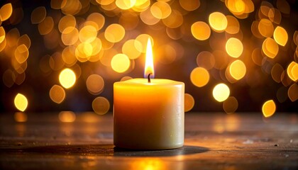 Single lit candle with warm flame against dark background with soft glowing bokeh lights and gentle shadows.