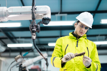Engineer in safety gear inspecting workpiece in smart factory near robotic arm, representing precision, automation, and quality control in modern industrial manufacturing.