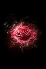 Beautiful rose in dark, surrounded by swirling smoke, evokes sense of mystery and elegance