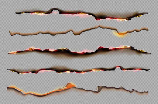 realistic burned paper edges set glowing fire tear lines with charred texture on transparent background