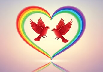 Romantic Red Birds Flying Inside a Vibrant Rainbow Heart of Love and Freedom