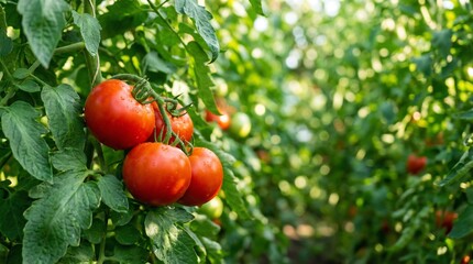 A vibrant close up view of ripe red tomatoes hanging on the vine amidst lush green foliage showcasing a bountiful garden harvest