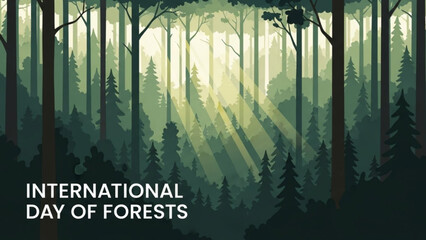 International day of forests illustration with sun rays shining through dense forest trees with nature and conservation and ecology and environment