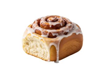 A golden-brown cinnamon roll with thick white sugar icing, on a transparent surface, minimalist background, soft natural light. Sweet indulgence and artisanal quality concept