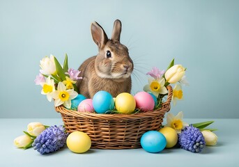 Cute Bunny in Woven Basket Surrounded by Vibrant Spring Flowers and Eggs.