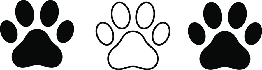 Black animal paw print silhouette set with dog cat track icons for cad drawing flat vector illustration pet shop design, © Heyy there