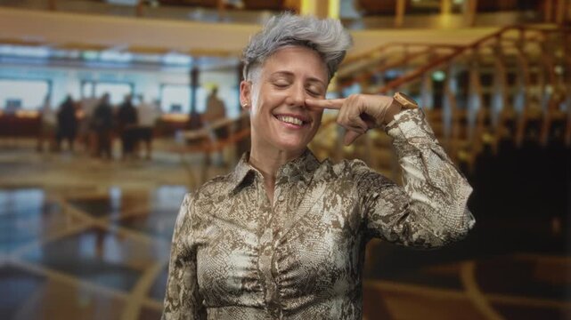 Smiling woman with short hair pointing finger to cheek at luxury hotel lobby reception area; confidence empowerment affirmation ambition.