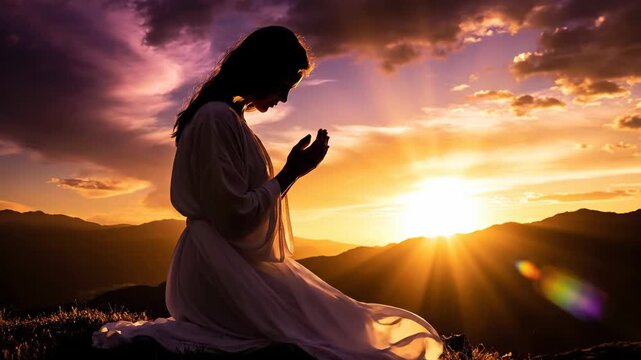 Woman in white dress praying at sunset on mountain with hands clasped in serene nature landscape
