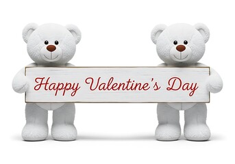 Adorable white teddy bears holding a Happy Valentine's Day wooden sign together.