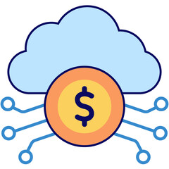 A fluffy blue cloud with a dollar coin and digital connection lines for data