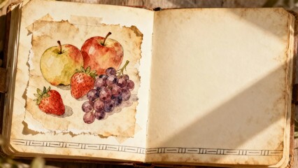 An open vintage book with a watercolor illustration of apples, strawberries, and grapes on aged paper