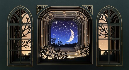 Magical Night Sky View Through Layers of Intricate Paper Cut Windows