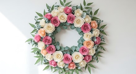 Beautiful Paper Flower Wreath with Pink, Cream, and Peach Roses Decoration