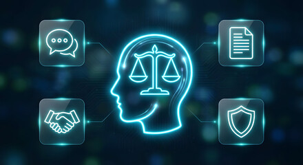 legal ethics and artificial intelligence concept with glowing scales of justice inside human head silhouette for digital law compliance judicial system and corporate mindset