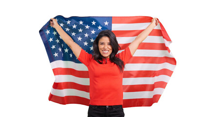 Woman holding USA American flag celebrating patriotism