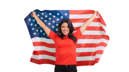 Woman holding USA American flag celebrating patriotism